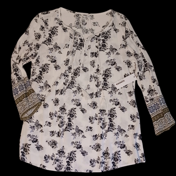 NWT Sonoma White With Navy Blue Flowers Women's Blouse - Picture 11 of 13